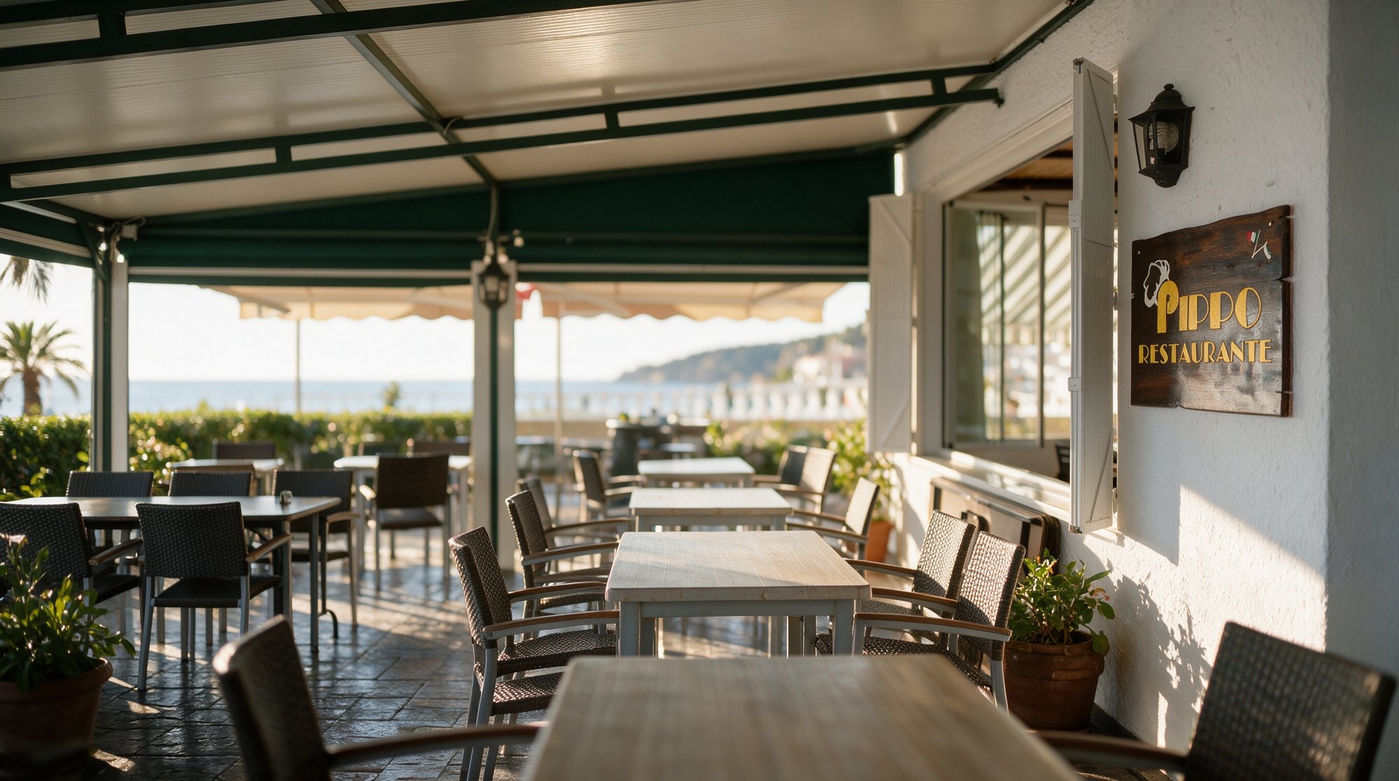 Terraza de Restaurante Pippo en primera línea de playa, con rótulo de madera PIPPO RESTAURANTE