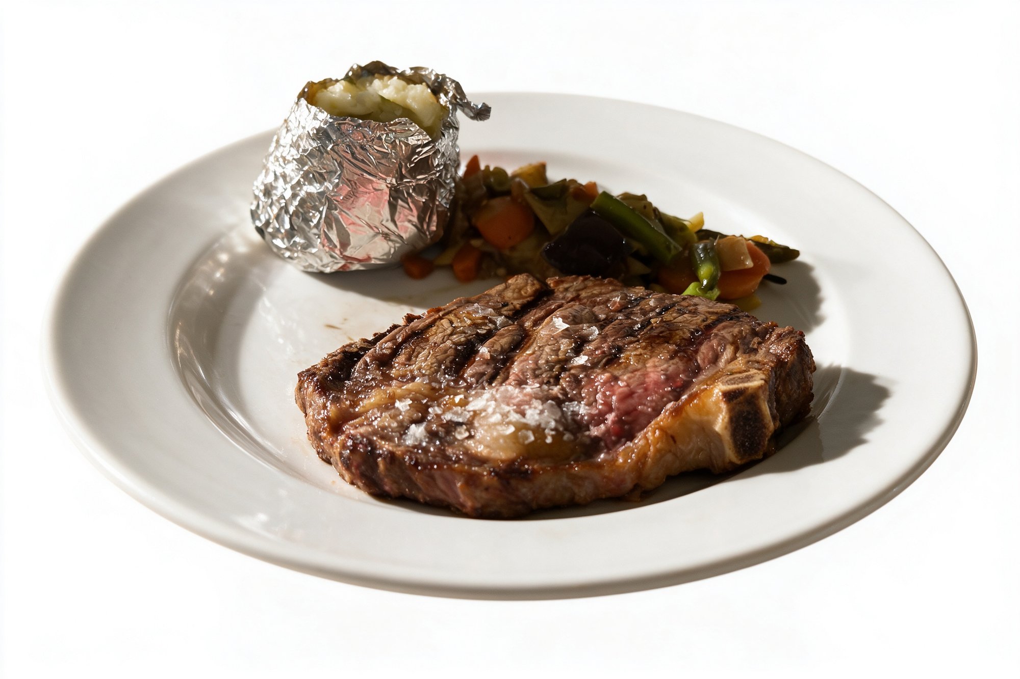 Entrecot a la Brasa de Restaurante Pippo, marcas de parrilla nítidas con patatas asadas