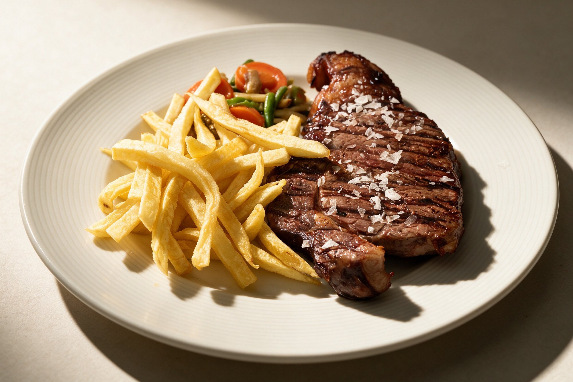 Solomillo con Patatas de Restaurante Pippo, borde de grasa sellado y marcas de parrilla paralelas